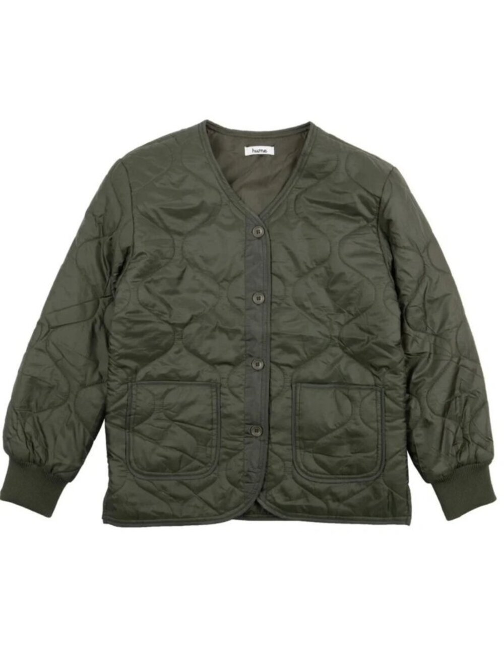 HUME Olive Khaki Green Quilted Liner Jacket Collarless Button Front Size L